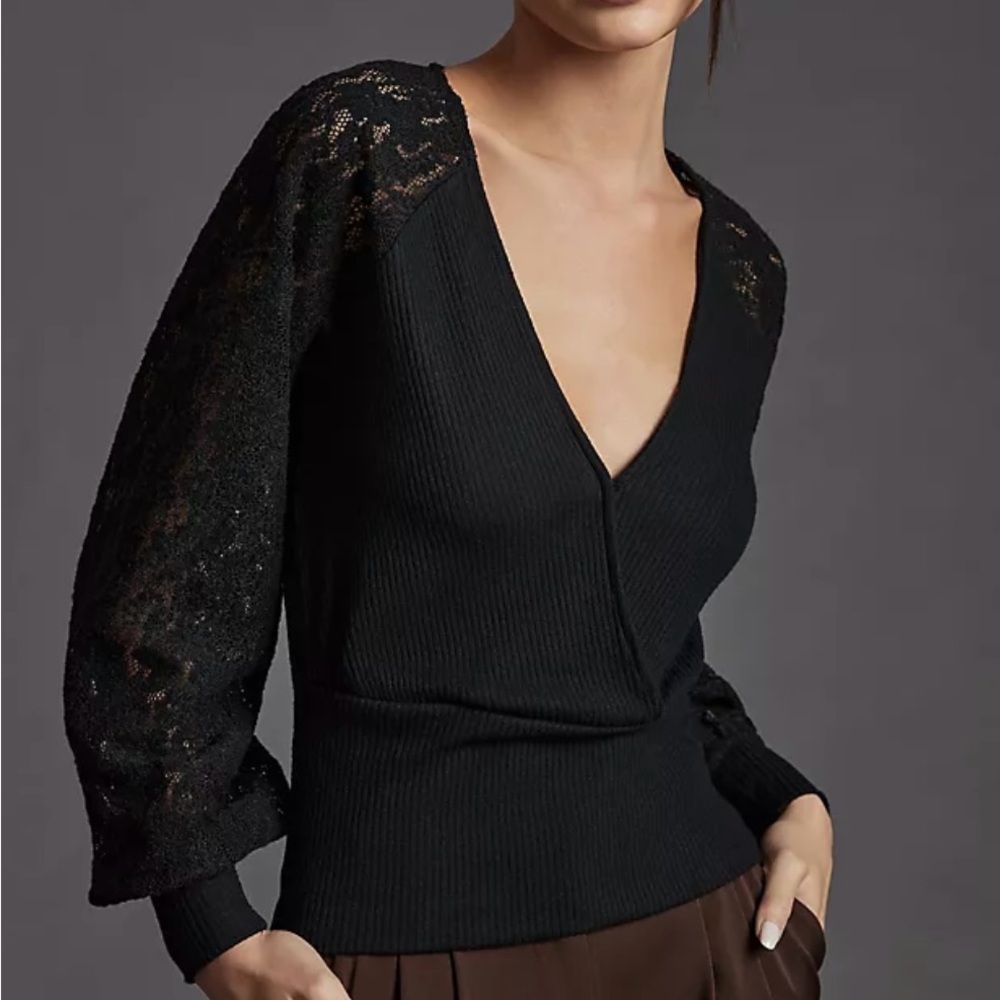 Anthropologie Black Ribbed Wrap Sweater with Lace Sleeves – Size S